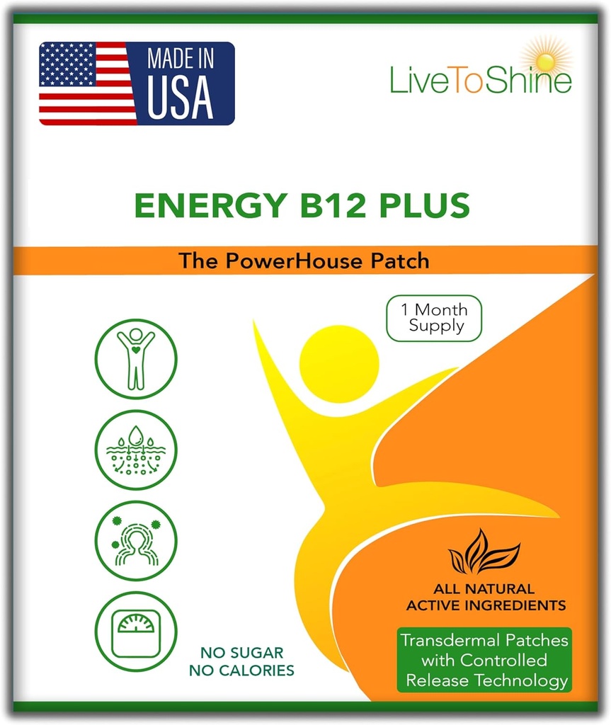Live To Shine B12 Energy Plus Topical Patch - Energie und Fokus Unterstützung für Frauen und Männer - 30-Day Supply - USA Made