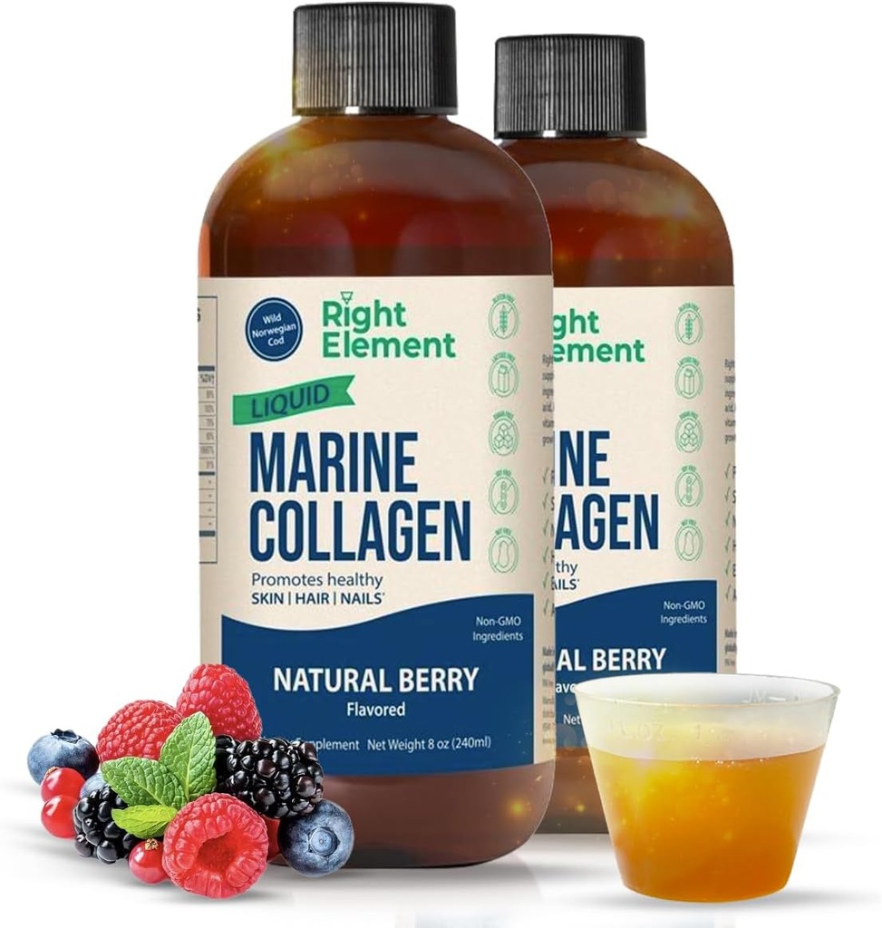 Liquid Marine Collagen | Wild Caught Cod - Hydrolyzed Keratin Peptide, Hyaluronsäure & Biotin - Gesundes Haar, Haut und Nägel - Made in USA - Natural Berry, 8.00 Fl Oz (2-Pack)