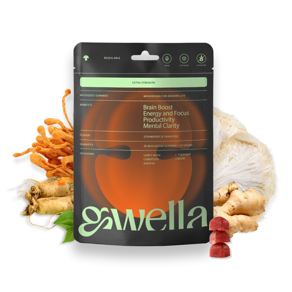 Gwella Focus Gummies avec Lion, Panax Ginseng, Ginger Root, Cordyceps, SAM-e et Nootropics, supplément énergie et focus, Vegan, Strawberry Tangerine (20 comte - paquet de 1)
