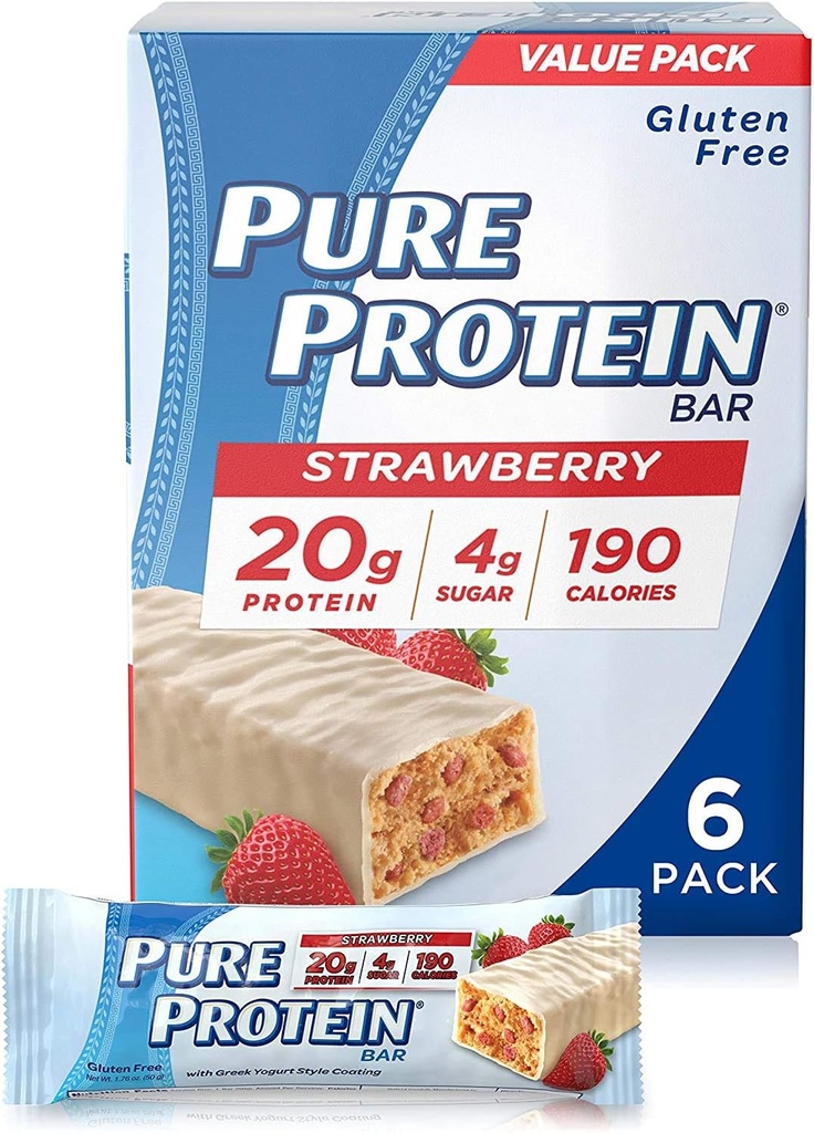 Pure Protein Bars, High Protein, Nutritious Snacks Energie zu unterstützen, Low Sugar, Glutenfrei, Erdbeer-Griechischer Joghurt, 1.76oz, 6 Pack
