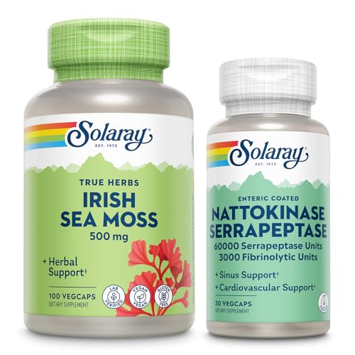 SOLARAY Irish Sea Moss 500mg and Nattokinase Serrapeptase Supplement - Wellness Bundle with Natural Occuring Vitamines, Minéraux - Gut Health, Sinus, Heart Health Support, garantie de 60 jours, 100/30ct