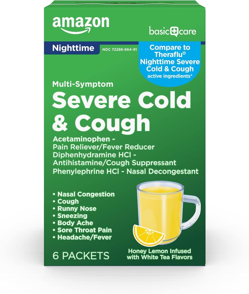Soins de base Nuit Fromage sévère, grippe et Toux Supprimant Médecine Poudre, analgésique/réducteur de fièvre, Dégonflement nasal, Antihistamine, Lémon au miel infusé de saveurs de thé blanc, 6 Comte