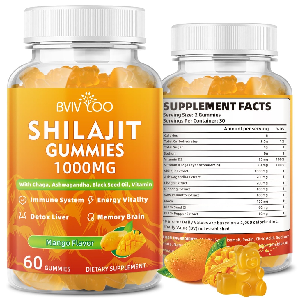 Shilajit Gummies 1000mg Sugar Free - Shilajit Supplement für Herren & Frauen - High in 85+ Trace Minerals & Fulvic Acid - Energie, Gehirn, Immunität - 60 Gummis