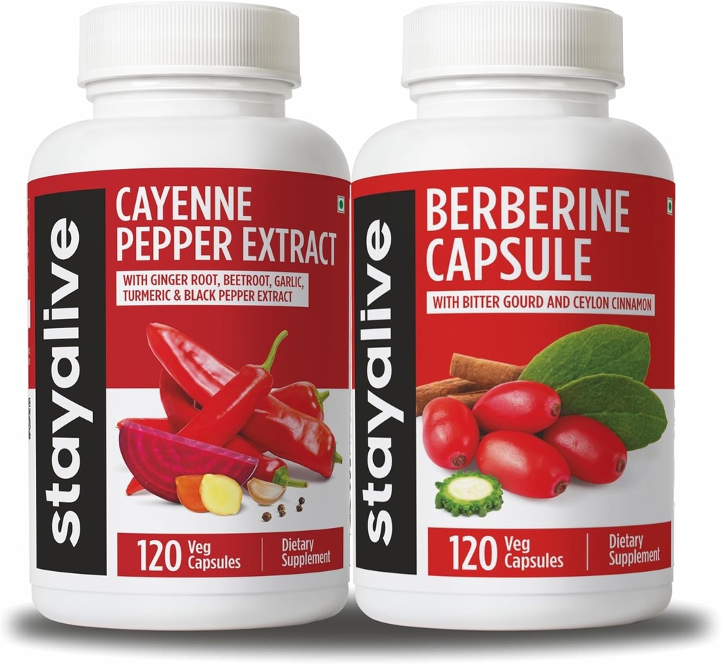 STAY ALIVE Cayenne und Berberine Bundle mit Ceylon Cinnamon und Bitter Gourd Extract, 240 Vegan Pillen, Non-GMO & Gluten Free Berberine Cayenne Pfeffer Supplement