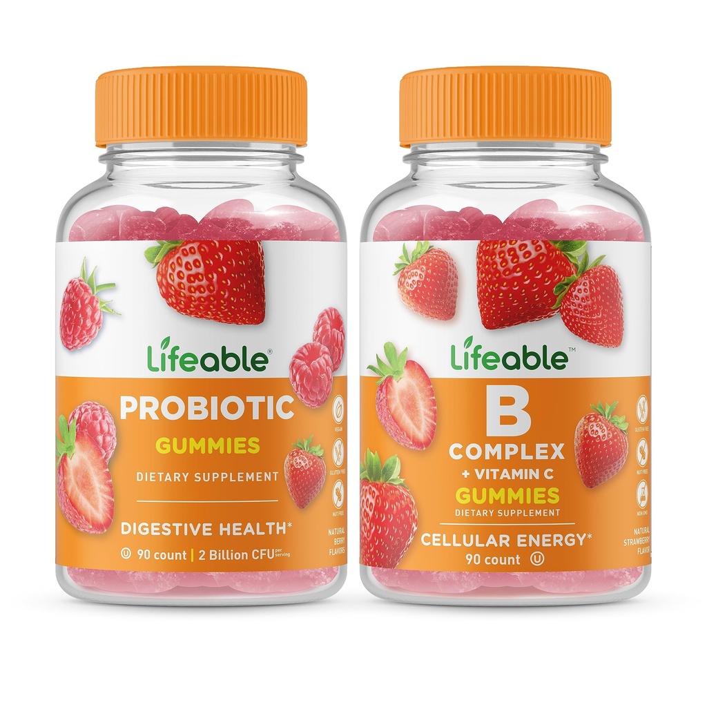 Complexe probiotique de 2 milliards de CFU + B, Gummies Bundle - Grande dégustation, supplément de vitamine, sans gluten, sans OGM, gummy à croquer