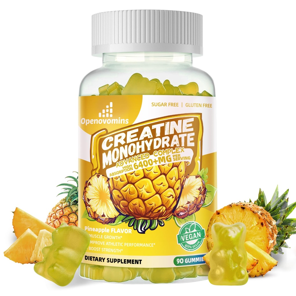 Creatine Monohydrate Gummies Complex für Männer und Frauen - Fortgeschrittene Formel W/L-Taurine + Vitamin B12, Sugar Free Chewable Supplement,90 Ananasgummis