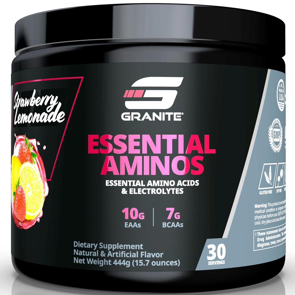Granit essentielle Aminosäuren Pulver für Muskelrückgewinnung und Wachstum mit 10g EAAs und 7g BCAAs - Sojafrei, Glutenfrei, 448g (30 Servierungen), Erdbeer-Lemonade