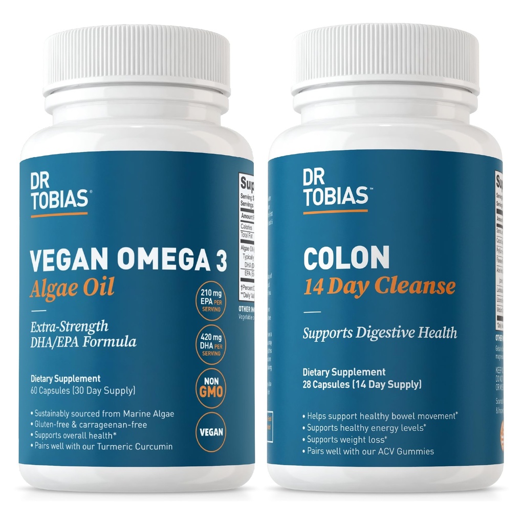 Dr. Tobias Vegan Omega 3 Algae Oil und Colon 14 Day Cleanse für verbesserte Verdauung, Gut &amp; Immununterstützung und Gesamtgesundheit