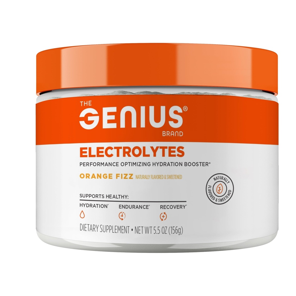Genius Electrolytes Powder Drink Mix, Orange Fizz, 30 portions - Booster d'hydratation naturelle et supplément d'endurance avec du potassium, du magnésium et du zinc - sans sucre et sans colorants artificiels