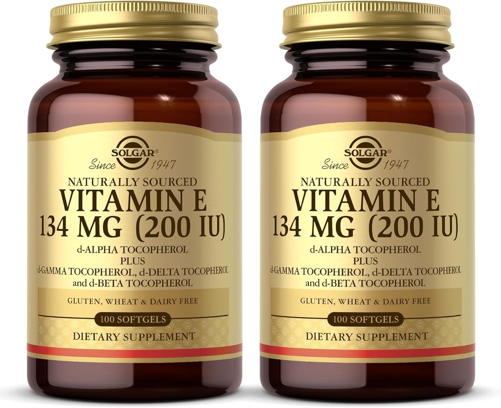 SOLGAR Vitamin E 200 IU - 100 Softgels, Paket von 2 - Natürliches Antioxidans, Immunsystem-Unterstützung - Glutenfrei, Molkefrei - 200 Gesamt Servierungen