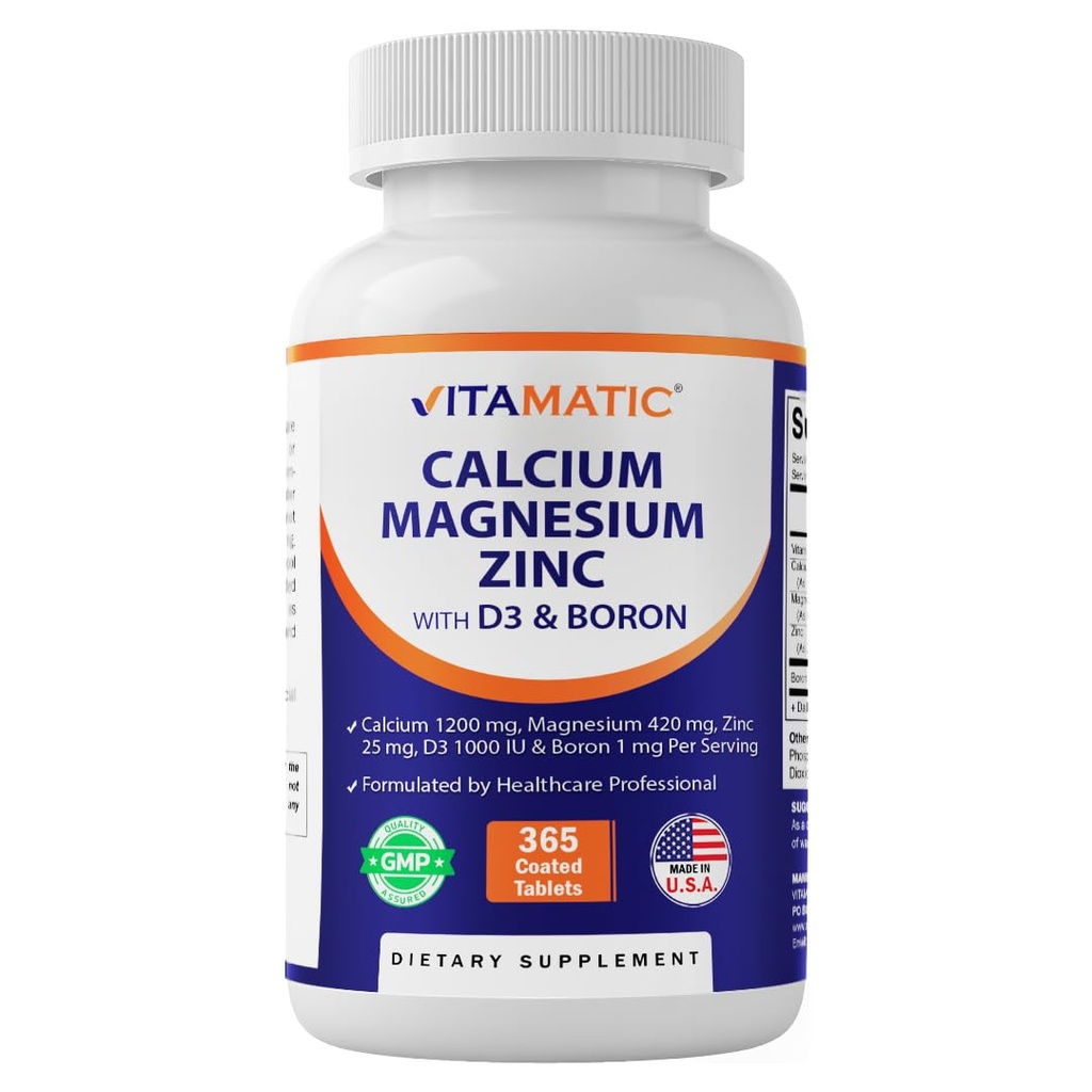 Vitamatic Calcium Magnesium Zink D3 Boron | 365 Beschichtete Tabletten Ergänzung | Calcium 1200 mg, Magnesium 420mg, Zink 25mg, Vitamin D3 1000 IU, Boron 1 mg | Non-GMO | Gluten Free | Made in USA