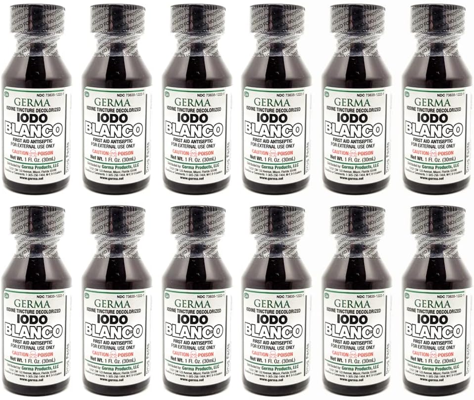 Germa White Iodine Tincture. First Aid Antiseptic. für Minor Scrapes, Cuts, Bruises und Burns. Verhindert Hautinfektion. 1 Unze. Pack von 12