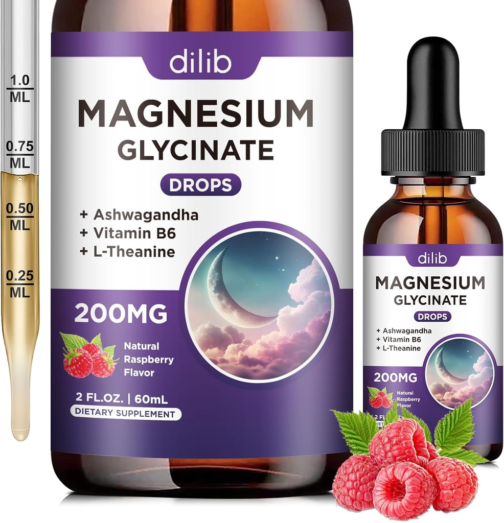 Magnesium Glycinate 200mg Supplement, Magnesium Flüssigkeitstropfen mit Vitamin B6, Ashwagandha, L - Theanin, Kamille -Unterstützung Stress Relief, Knochen, Muskel, Mood Vegan - Raspberry Flavor - 2 FL.OZ