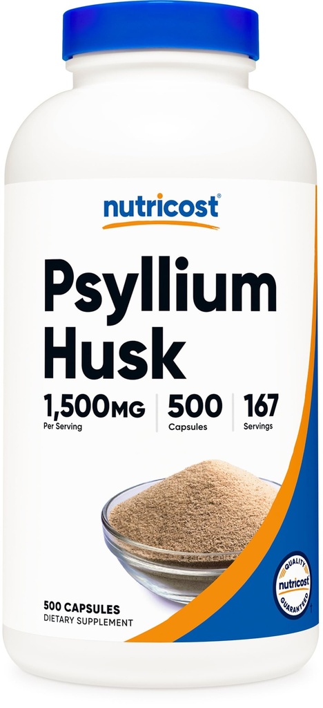 Nutricost Psyllium Husk 1500mg par portion, 500 capsules - Sans OGM et sans gluten