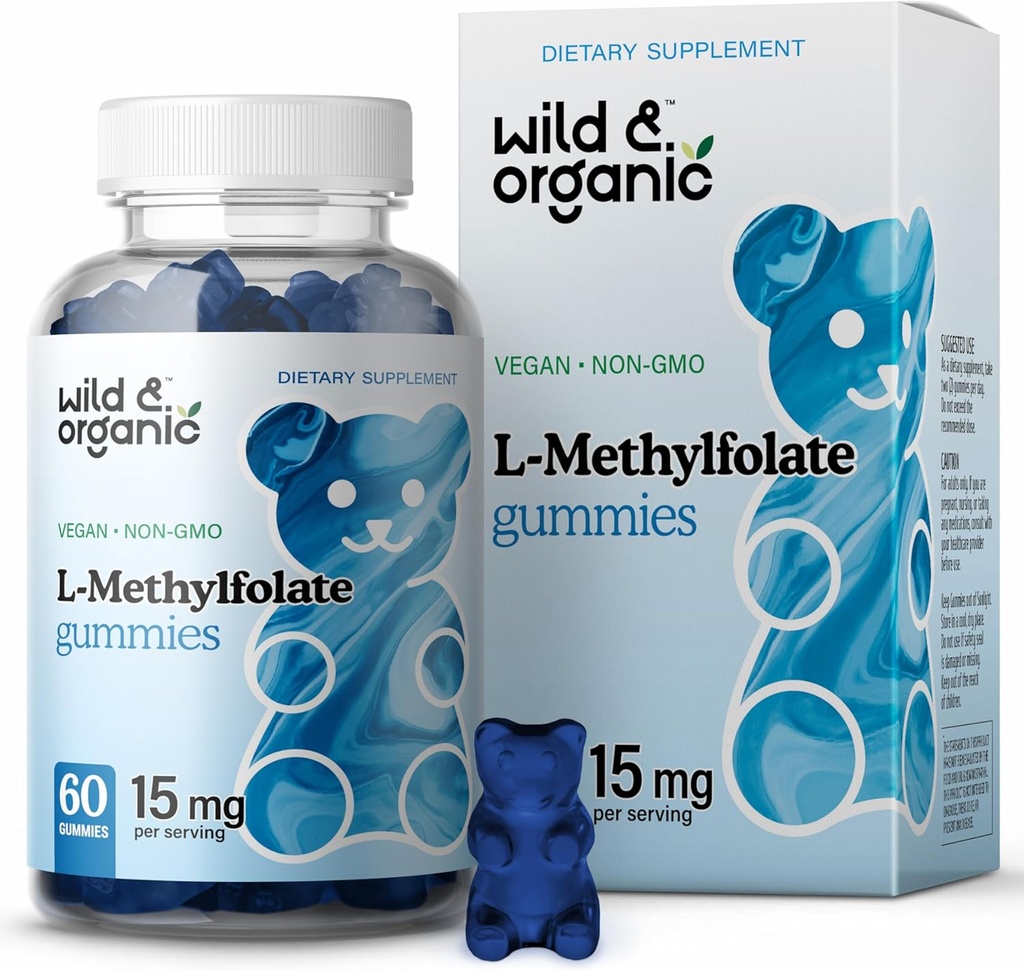 Wild & Organic L-Methylfolate 15mg Gummies - Mood & Brain Support - Folate 5-MTHF Supplement for Brain, Focus, Clarity - Folate Supplement w/Vitamin B9-60 Non-GMO L Methylfolate Gummies