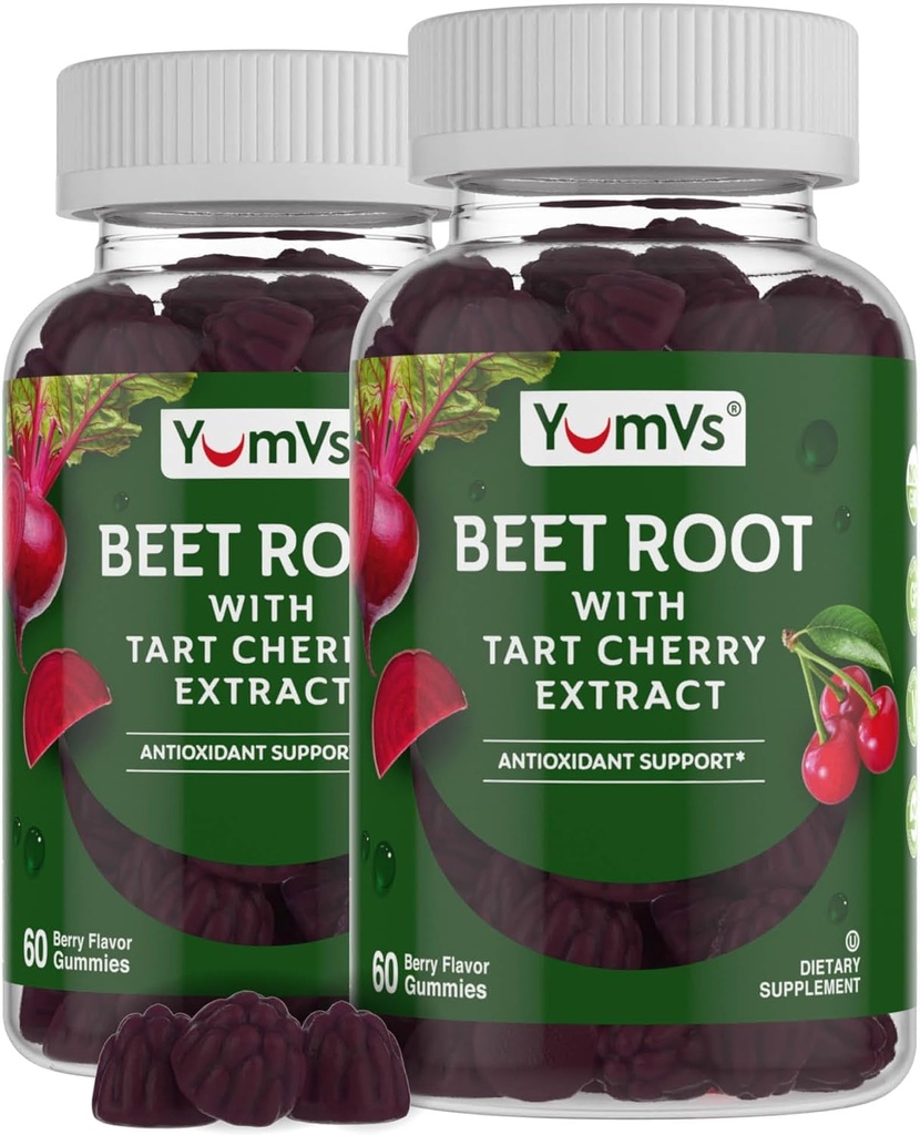 YUM-V'S Beet Root Gummis mit Tart Cherry Extract - Berry Flavor Beetroot Gummies - Beet Chews für Blutzirkulation und Antioxidans Unterstützung - Red Beets Gummies Berry 60 Count (Pack von 2)