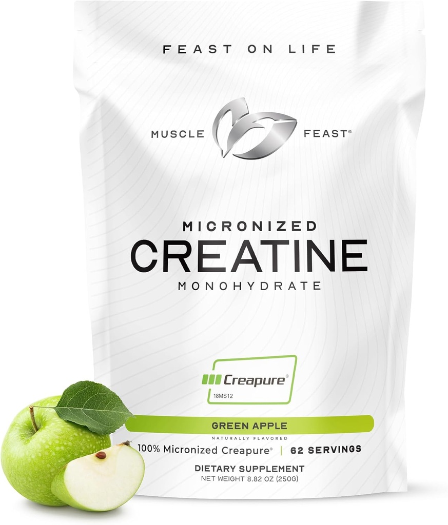 Muscle Feast Creapure - Micronized Creatine Monohydrate Pulver | Premium Pre-Workout oder Post-Workout | Flavored Creatine für Frauen & Men | Einfach zu mischen, Gluten-frei, sicher und rein (Green Apple, 250g)