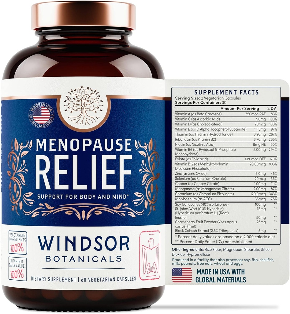 Menopause Ergänzungen für Frauen - Windsor Botanicals Multivitamin mit Chastebrry, Black Cohosh für Hot Flashes, Menopause Relief und Hormon Balance für Frauen - 60 natürliche Progesterone Estrogen Pillen