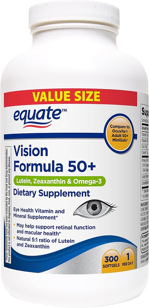 Equate Vision Formel 50+ Lutein, Zeaxanthin & Omega-3, 300 Softgels