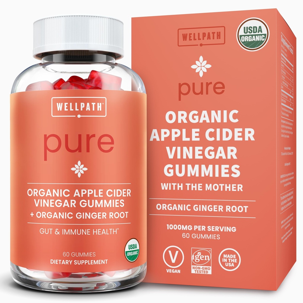 WellPath Organic Apple Cider Vinegar Gummies with The Mother - USDA Organic ACV Gummies - Ginger & Apple Cider Vinegar with Mother for Gut Health - Vegan, Non-GMO, 60 Ct