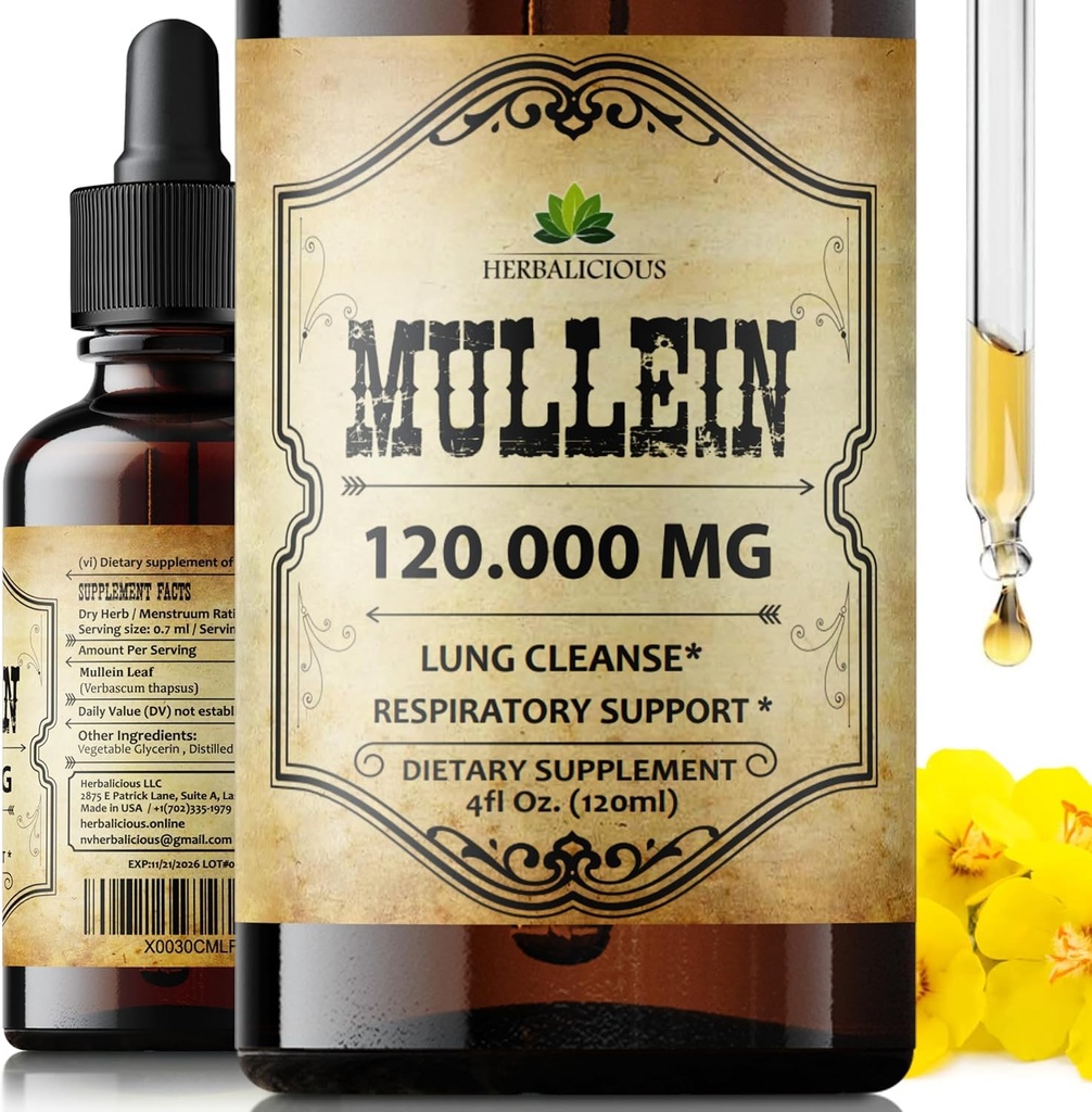 HERBALICIOUS Mullein Tropfen für Lunge – Bio Lung Cleanse Supplement mit Mullein Leaf Extract (Verbascum Thapsus) – Vegan, Non-GMO Liquid Formula – 4 Fl Oz