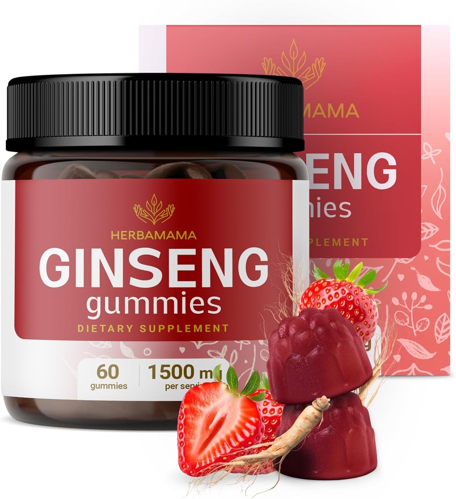 HERBAMA Panax Ginseng Gummies - 1500mg koreanischen Rot Ginseng Wurzel für Energieunterstützung - Vegan, Non-GMO Rot Panax Immununterstützungsergänzung - 60 Pectin-Based Erdbeer-Flavored Chews