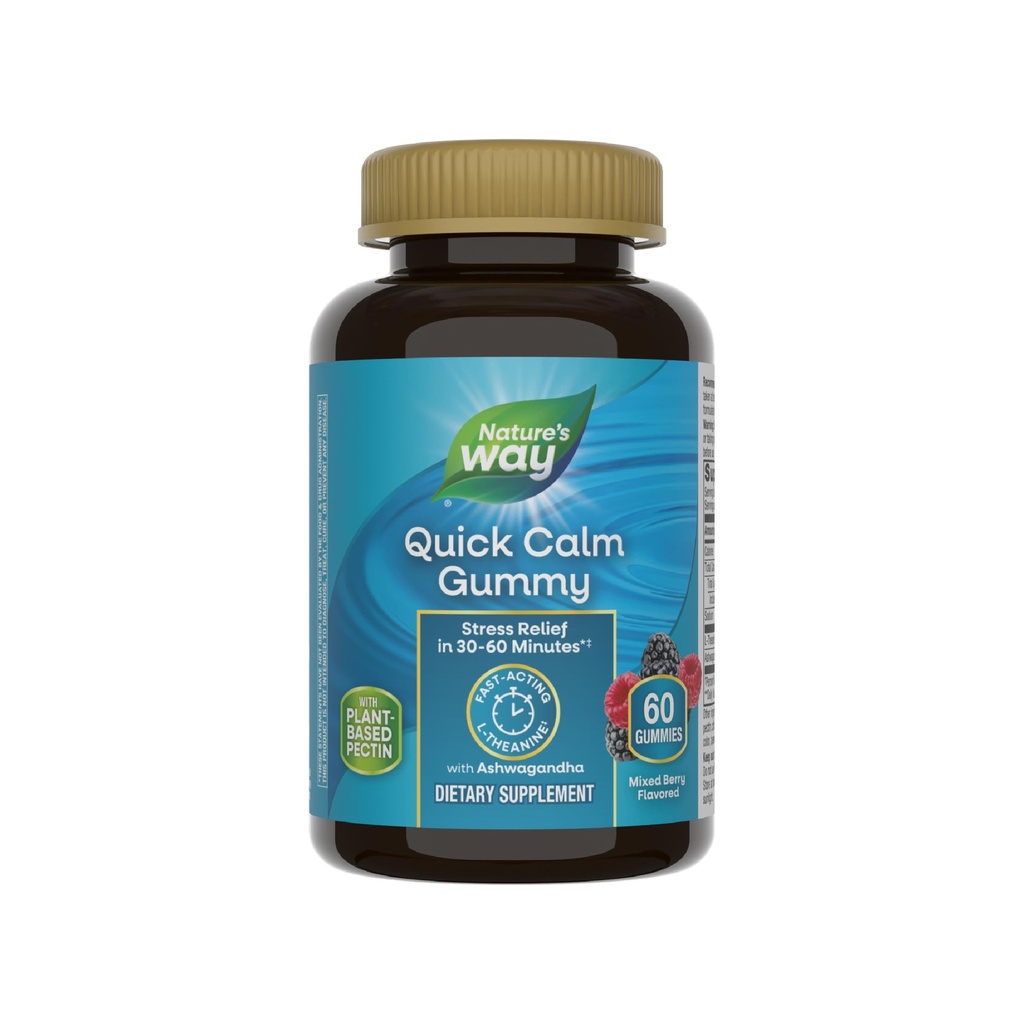 Nature's Way Quick Calm Gummies, L-Theanine for Relaxation*, Fast-Acting, Stress Relief von L-Theanine innerhalb von 30-60 Minuten*, mit Ashwagandha, Vegetarisch, gemischte Berry Flavored, 60 Gummies