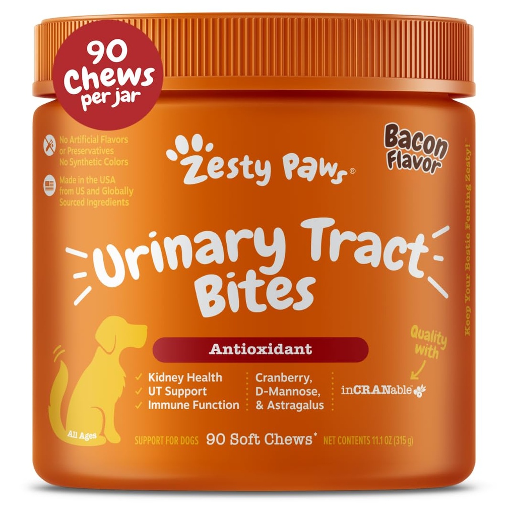 Zesty Paws Cranberry Ergänzung für Hunde - Blasenkontrolle für Hunde - Urinary Tract Support - Cranberry Chews mit D-Mannose, Vitamin B6 & L-Arginin - Immun- & Gut-Unterstützung - Bacon - 90 Count