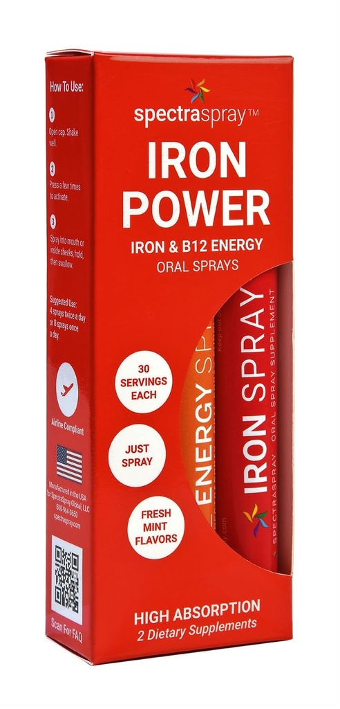 SpectraSpray Iron & B12 Vitamin Liquid Oral Spray Kit - Food Grade Iron als Essential Daily Mineral und B12. Vegan, Glutenfrei und hochwirksam, 30 Tage Versorgung pro Spray