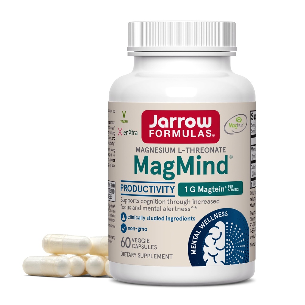 Jarrow Formulas Magnesium L-Threonate, MagMind Productivity, High Absorption Magnesium, Brain Supplements for Memory and Focus, 60 Veggie Capsules, Up to a 30 Day Supply