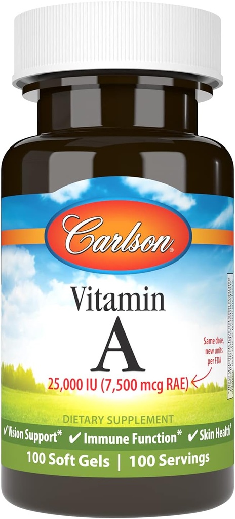 Carlson - Vitamine A, 25000 UI (7500 mcg RAE), Vision et santé de la peau, fonction immunitaire, 100 gels mous