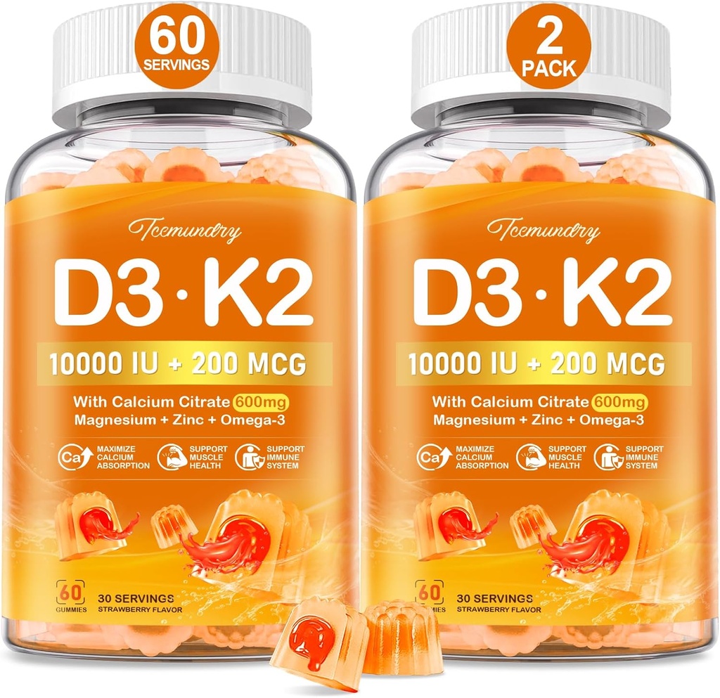 Vitamin D3 K2 5000IU / 10000 IU-Gummien für Erwachsene - K2 D3 Vitaminergänzung mit 600mg Calcium, K2 (MK-7) 200mcg, Magnesium, Zink, Omega-3 - unterstützt Calciumabsorption und Immungesundheit