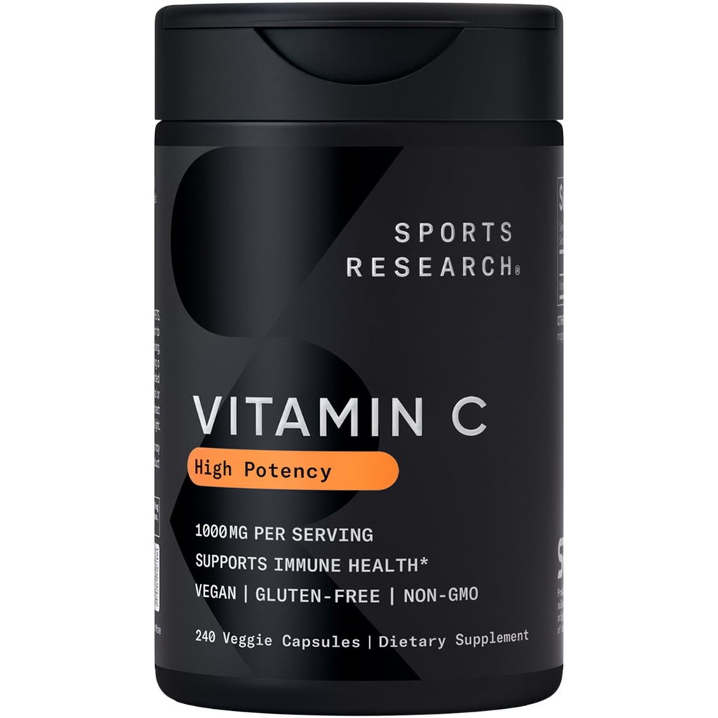 Sportforschung Hohe Potenz Vitamin C-Ergänzung - Vegan Veggie Kapseln für Antioxidantien Aktivität & Immununterstützung - Non-GMO Verified & Glutenfrei - Ascorbinsäure Vitamin C 1000mg, 240 Count