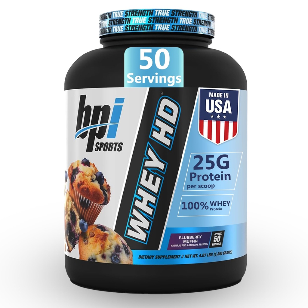 BPI Sports Whey HD Ultra Premium Protein Powder Isolate | Workout Whey Powder für Herren & Frauen für Muskelgewebe | Milk Protein Concentrates | Blueberry Muffin, 4.07 Pfund