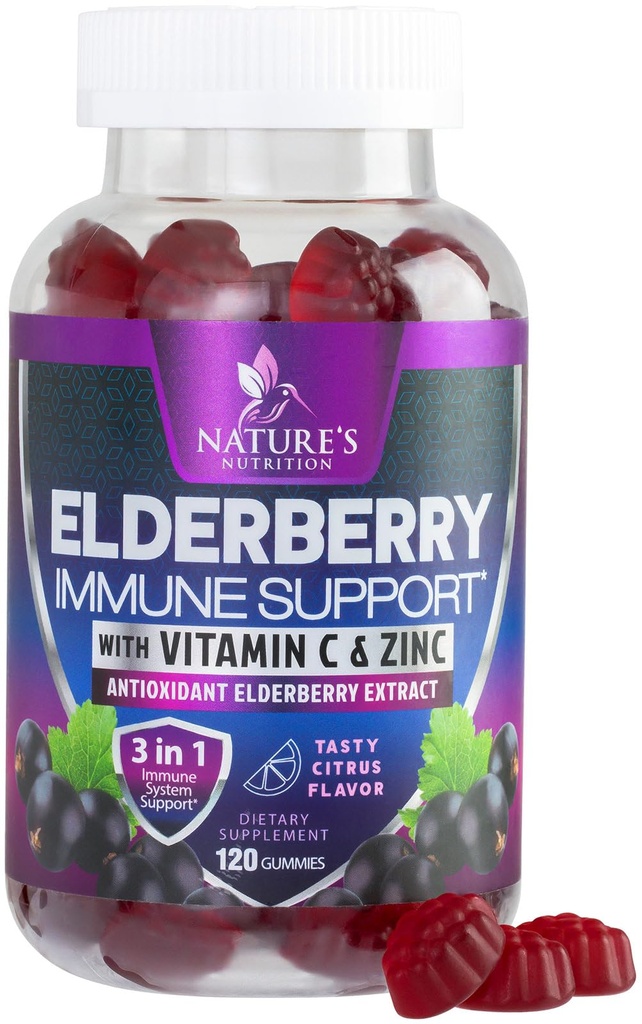 Gummies de soutien immunitaire avec extrait de baies aînées - Gommy de mûrier aîné de Sambucus avec Zinc et vitamine C, supplément de soutien immunitaire végétalien naturel pour adultes et enfants, vitamines de baie aînée de Gommy - 120 Gummies