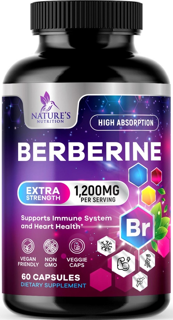 Berberine HCL 1200mg Supplement - Berberine HCI Kapseln hohe Absorptionsergänzung für Herzgesundheit & Immununterstützung, hohe Festigkeit, Glutenfrei, Vegan, Non-GMO Pillen - 60 Veggie Kapseln