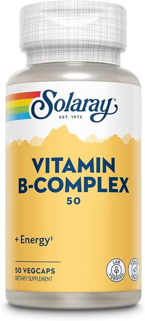 SOLARAY Vitamin B Complex 50 mg - Cellular Energy Vitamins - Stoffwechsel und Nervengesundheit Unterstützung mit Vitamin B12, Vitamin B1, B6, Niacin, Folsäure, Biotin und andere B Vitamine - Vegan, 50 VegCaps