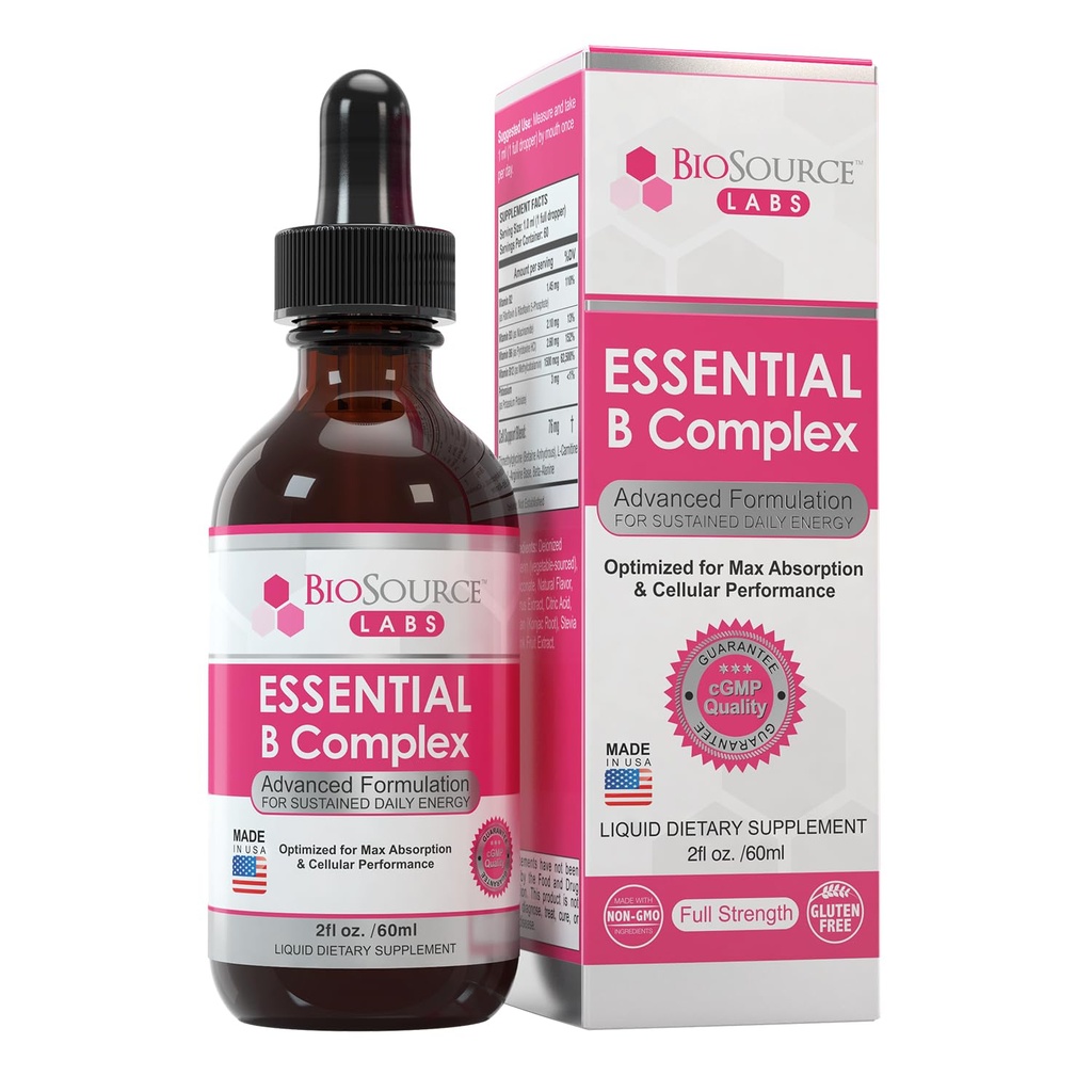 BioSource Laboratoires Complexe B essentiel - Vitamine végane quotidienne complexe B gouttes liquides sublinguales avec/méthyl B12 (2oz / 60ml bouteille) - 60 jours d'approvisionnement