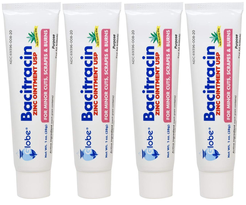 (4 packs) Globe Bacitracine Zinc Onguent + Aloe 1oz, Onguent antibiotique, Premiers soins antibiotiques essentiels, Action de guérison, Puissance Antibiotique maximale, Prévient l'infection dans les coupures, éraflures, brûlures