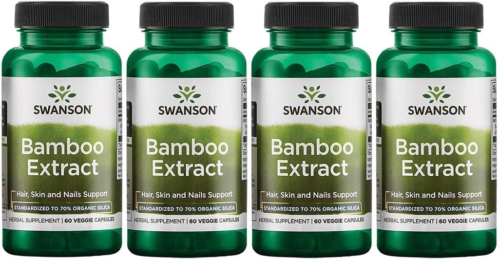Swanson Bamboo Extract - Natürliches Haar, Haut und Nägel Beilage - 70% Silica Inhalt Unterstützung Collagen Formation & Knochenwachstum - (60 Veggie Kapseln, 300mg Jeder) 4 Pack