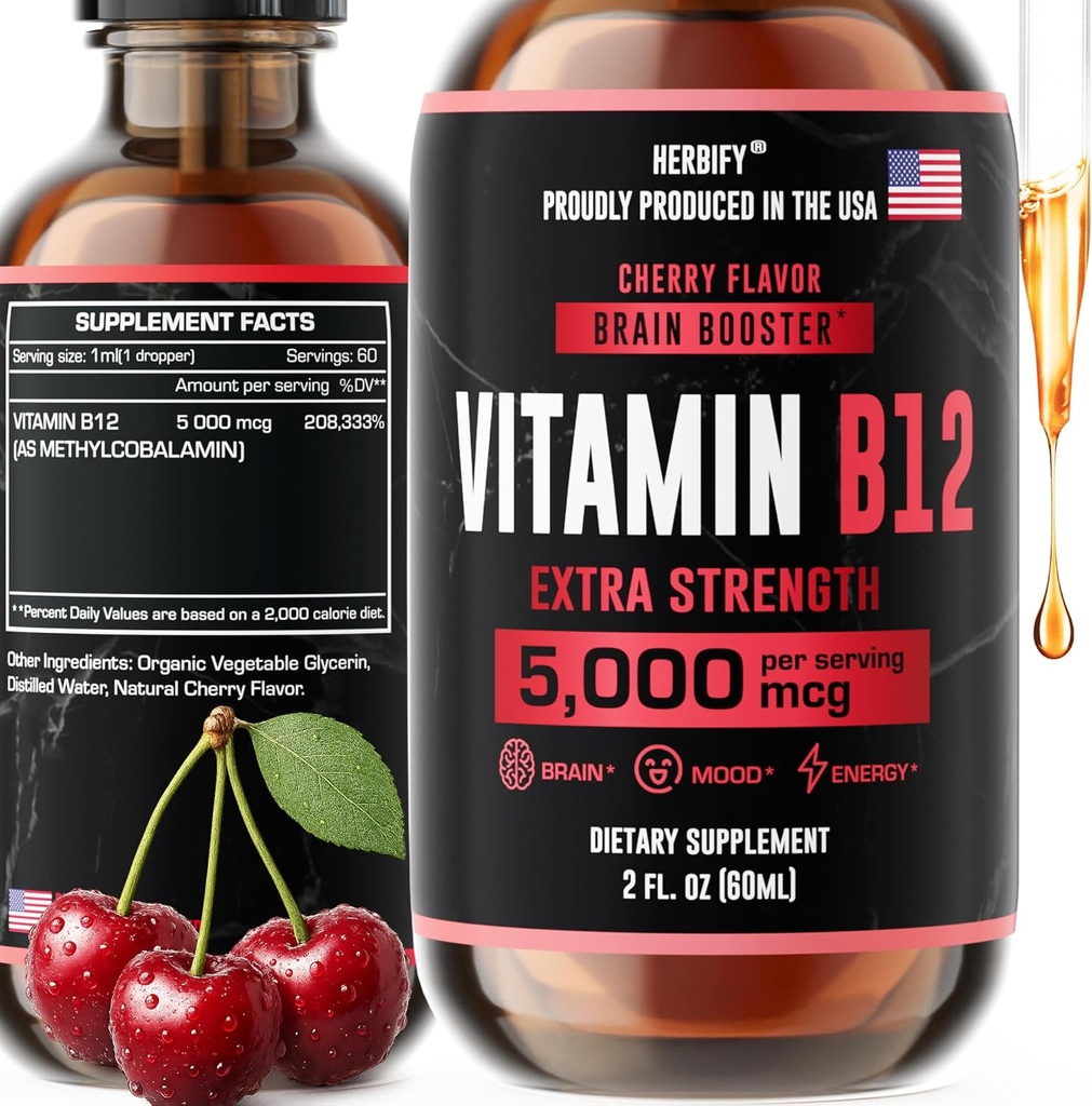 HERBIFY Vitamin B12 Methylierte Multivitamin-Energie-Ergänzungen für Frauen und Männer - Flüssige B12 Vitamine 5000 Mcg Methylcobalamin - Energieunterstützung und Immungesundheit Flüssiges Vitamin 2 Oz