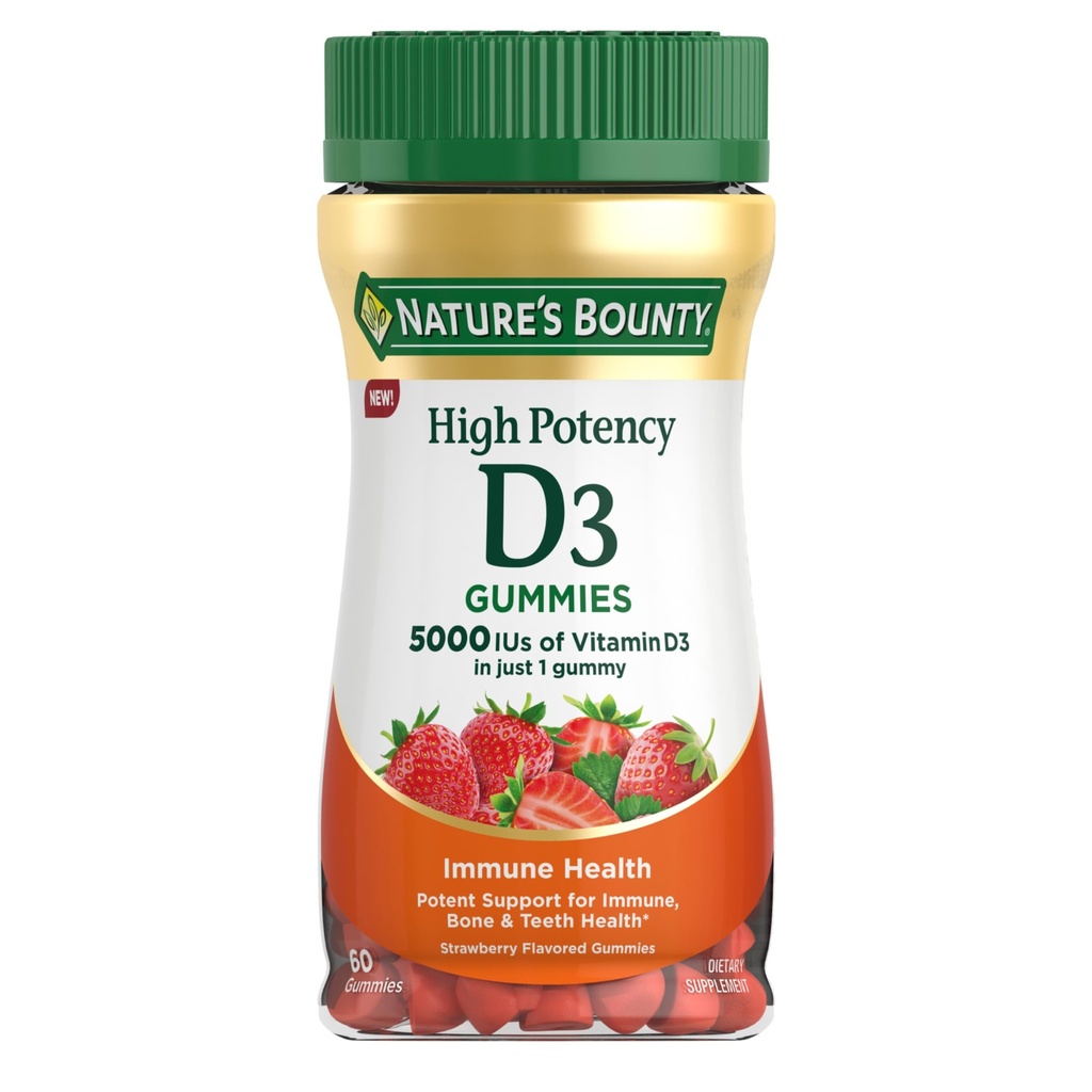 Natur Bounty Vitamin D 5000 IU Gummis, Vitamin D3 hohe Potenz Immununterstützung & Knochengesundheitsergänzung, 5000 IU in 1 Gummy, Erdbeeren Geschmack, 2 Monat Versorgung, 60 vegetarische Gummi für Erwachsene