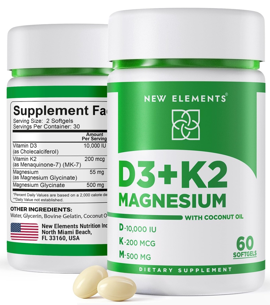 Neue Elemente Vitamin D3 K2 10.000 IU mit Magnesium Glycinat 500mg - Knochengesundheit, Immununterstützung, Energie & Stimmung - Non-GMO, Glutenfrei, Sugar-Free Softgels für Frauen & Männer (60 Softgels)