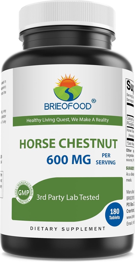 Brieofood Horse Chestnut Extract 600 mg pro Portion - 180 Tabletten - 3. Party Lab Getestet für Reinheit & Qualität - Unterstützt gesunde Zirkulation & Fluid Balance in den Beinen*