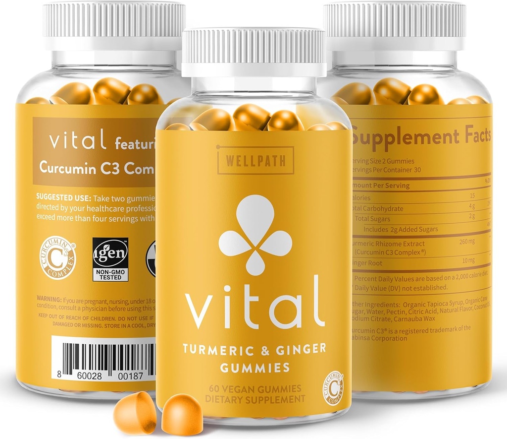 WellPath Vital Turmeric Gummies + Ginger - Joint Support Curcumin Supplement, Turmeric Curcumin C3 Complex, Tasty Alternative zu Kapseln, Turmeric & Ginger Root, Tropical Flavor Chews, Vegan, 60 Ct