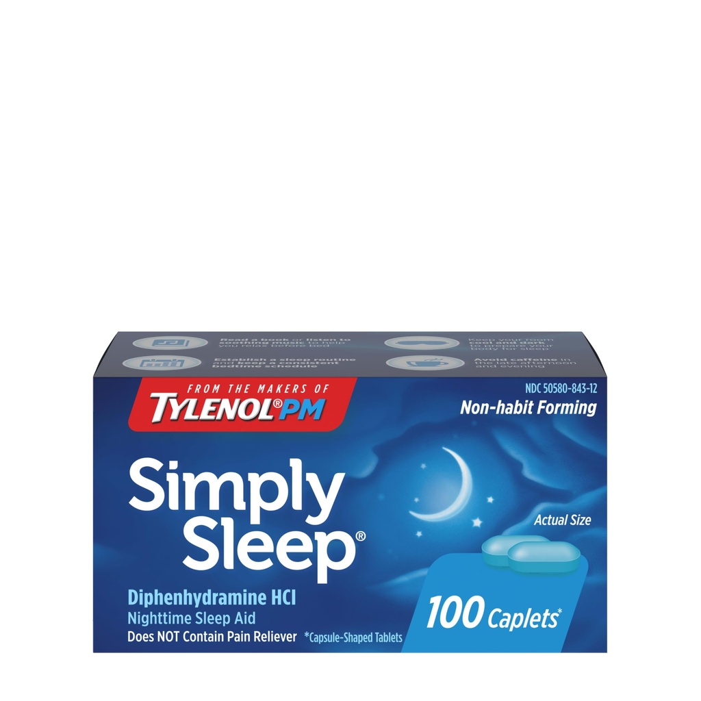 Tylenol Einfach schlafen Nacht-Schlafhilfe-Kapseln, 25 mg Diphenhydramin HCl, Non-Habit Forming Schlafhilfe für Erwachsene, 100 Zähler