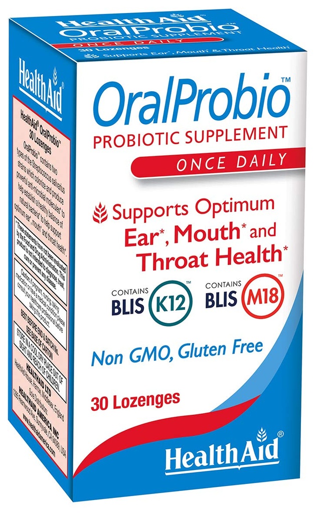 OralProbio 30ct, une fois par jour comprimés à croquer, soutient la santé de l'oreille, de la bouche et de la gorge optimum, non OGM, sans gluten, parfum à la menthe poivrée, contient BLIS K12 & M18