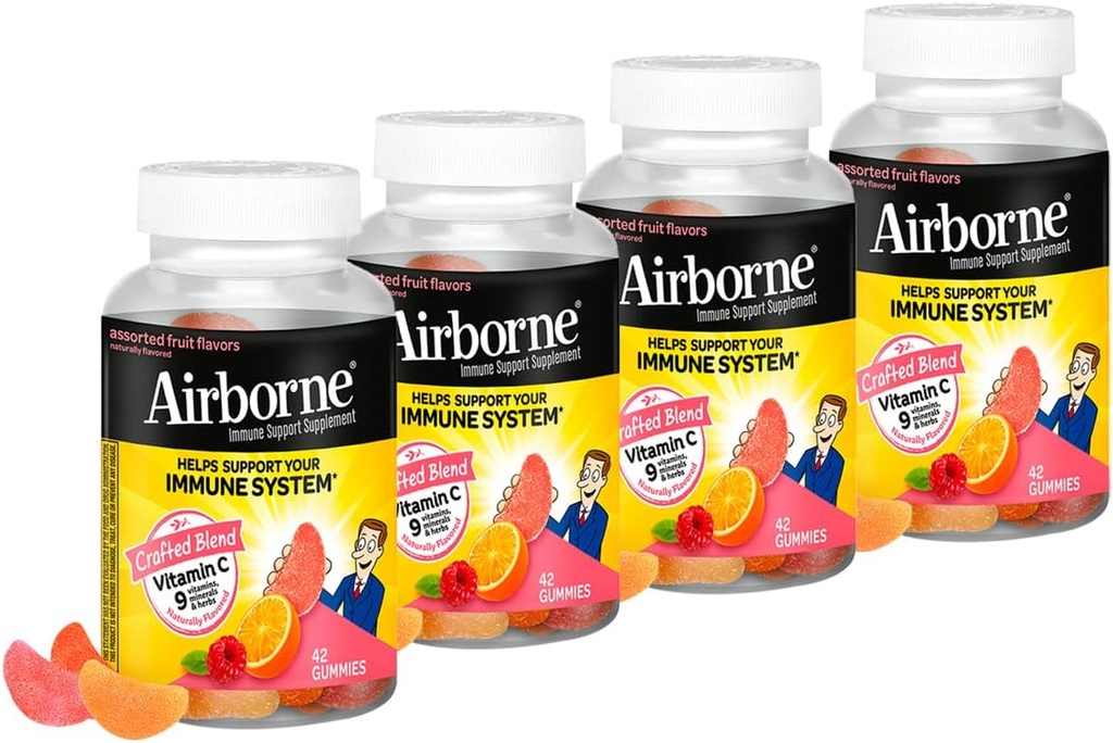 Airborne 750mg Vitamin C Immununterstützungsergänzung für Erwachsene, sortierte Frucht Geschmack, Glutenfreie Crafted Blend mit leistungsstarken Antioxidantien Vitamine A C & E, 42 Gummi (4 Pack)