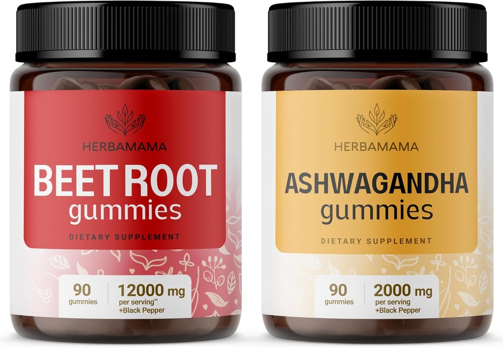 HERBAMAMA Beet Root and Ashwagandha Kit - Bundle von 12000 mg Beet Root mit schwarzem Pfeffer & 2000 mg Ashwagandha Root Gummies - Vegan, Gelatin-Free, Non-GMO