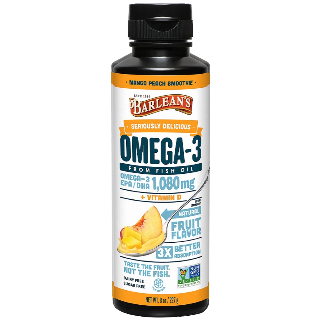 Barlean's Omega 3 supplément liquide d'huile de poisson avec vitamine D pour les hommes et les femmes, Mango Peach, 1080mg EPA et DHA acide gras, 8 oz